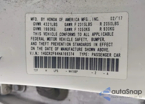 2017 Honda Accord Sport z USA, uszkodzony, nr VIN 1HGCR2F64HA169374